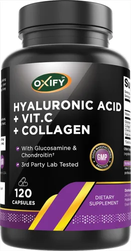 Oxify Ácido hialurónico con glucosamina, condroitina, colágeno, vitamina C – 1410 mg por porción – 120 cápsulas | Sin gluten, sin OMG | Suplemento