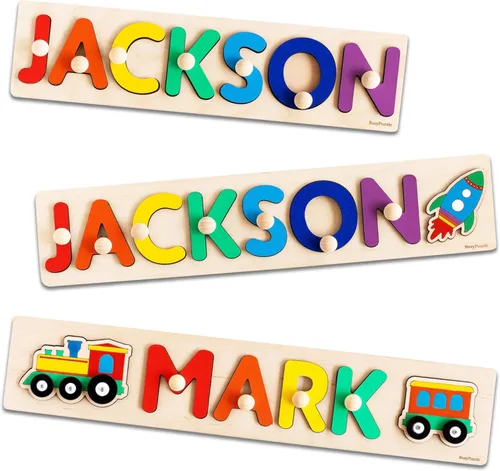 Rompecabezas de madera con nombre personalizado con clavijas, juguete Montessori para niños pequeños, regalo personalizado para el primer