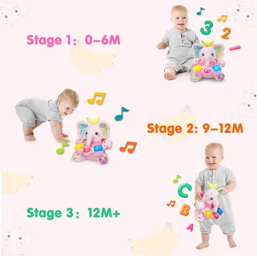 Miniatura 6 de Ryotagift Animales de Peluche Juguetes de Elefante Musical Bilingüe para Bebé, Juguete de Aprendizaje Temprano para Infantes con Música con Luces