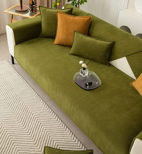 Miniatura 5 de vctops Funda de sofá con diseño de rayas cheurón estilo granja, protector de muebles de color sólido, funda de sofá suave antideslizante para Verde