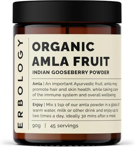 Erbology Polvo orgánico Amla de 3.2 onzas, 45 porciones, grosella espinosa india, regeneración de la piel y el cabello, rico en vitamina C, de