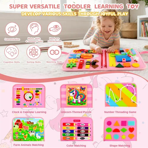 Miniatura 3 de Tabla de actividades Montessori para niños pequeños de 1 a 3 años, regalo de cumpleaños para niñas, tablero de libros Montessori educativo Rosa