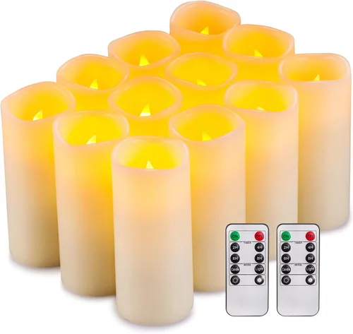 Miniatura 7 de Enpornk Velas LED parpadeantes sin llama con efecto corteza de abedul, juego de 9 pilares de cera real que funcionan con pilas con control remoto