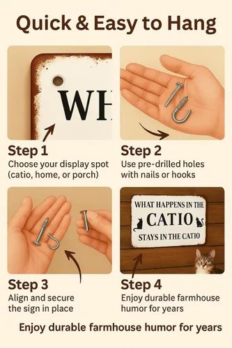 Miniatura 6 de Cartel de metal con diseño de hojalata de amante de gatos, "What Happens In The Catio Stays In The Catio", cartel divertido para casa de gatos