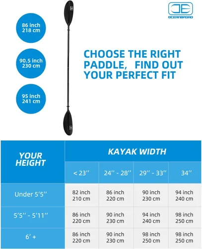 Miniatura 2 de OCEANBROAD - Remo de kayak de 86 pulgadas/218 cm, 90.5 pulgadas/230 cm, 95 pulgadas/241 cm, remo de aleación para kayak, bote y canoa con correa