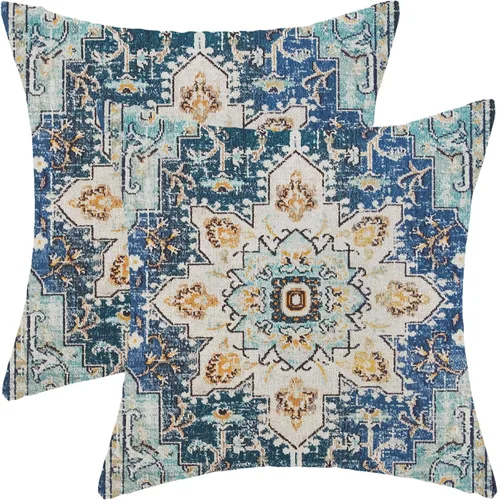 Miniatura 9 de Juego de 2 fundas de almohada bohemias de 20 x 20 pulgadas, fundas de cojín con patrón de alfombra, color amarillo mostaza y azul, diseño étnico