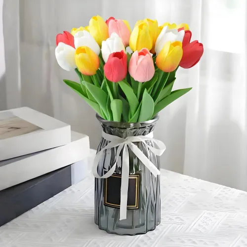 Miniatura 10 de Tulipanes falsos de PU de tacto real, flores artificiales, 10 piezas, arreglo floral, ramo para decoración de hogar, oficina, boda (blanco)