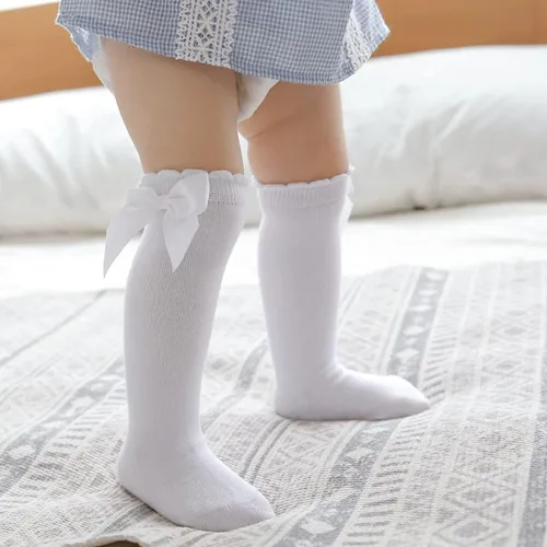 Miniatura 4 de CozyWay Calcetines altos hasta la rodilla para bebés y niñas con lazo, medias largas con volantes, calcetines con volantes, leggings para uniforme