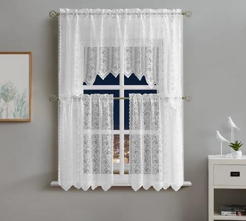 Miniatura 5 de Warm Home Designs El paquete de 3 cortinas de lino dorado para ventana de cocina incluye 2 niveles de 24 pulgadas y cenefa con festón. Juego