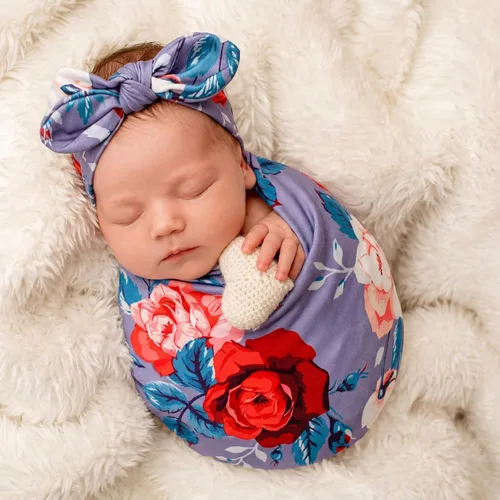 Miniatura 6 de Moukeren 4 juegos de mantas para bebé recién nacido, con diademas para recién nacido, con estampado floral, manta para bebé, saco de dormir