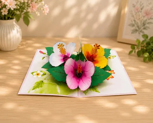 ETA Tarjeta emergente 3D de colibrí – Tarjeta de felicitación de flores de hibisco tropical para cumpleaños, día de la madre, agradecimiento, 85F