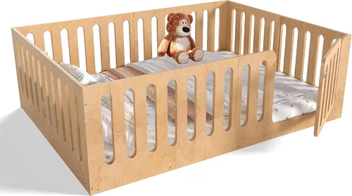 Miniatura 23 de Base de cama individual para niños, cama Montessori de metal con rieles y puerta, marco de cama de tamaño individual con barandillas