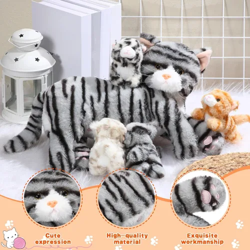 Miniatura 4 de Skylety Animal de peluche Nurturing con 4 gatitos de peluche, gatos de peluche para niñas y niños, mamá gatita de peluche con gatitos para regalos