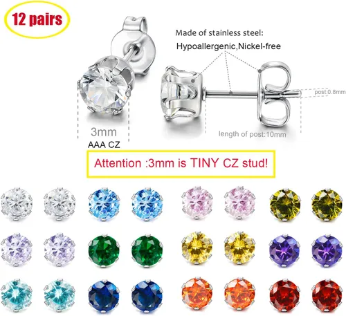 Miniatura 2 de LOYALLOOK 12 pares de aretes de acero inoxidable con circonita cúbica redonda de corte brillante para mujer, Piedra Diamante Circonita cúbica Piedra
