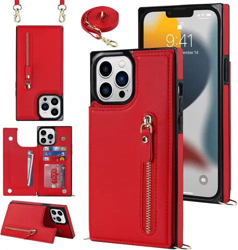 Miniatura 9 de Funda cruzada para teléfono iPhone 13 Pro Max de cuero con tarjetero, funda protectora extraíble, correa de cuero ajustable con botón, compatible