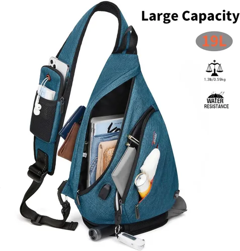 Miniatura 2 de TUDEQU Sling backpack, 8 Pockets Sling Bag Crossbody, 19L Large Sling Bag for Men Travel Crossbody Backpack Hiking Outdoor Azul Negro