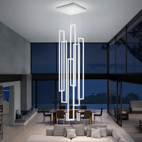 Miniatura 25 de Flashing God Candelabro moderno, candelabros cromados con 6 anillos LED, lámpara de techo alto más grande para sala de estar, lámpara rectangular