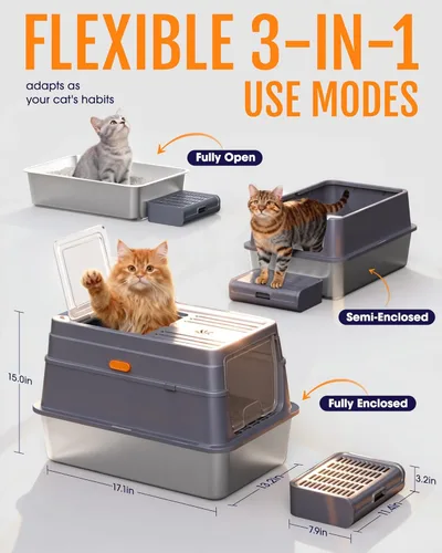 Miniatura 5 de Powools Caja de arena para gatos – Caja de arena de acero inoxidable con tapa para gatito, caja cerrada con base de metal para gatos con cuchara