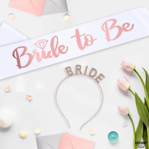 Miniatura 9 de KatchOn, Corona de novia de oro rosa y banda para la novia – Paquete de 2 Banda y diadema para novia Corona de novia para despedida de soltera