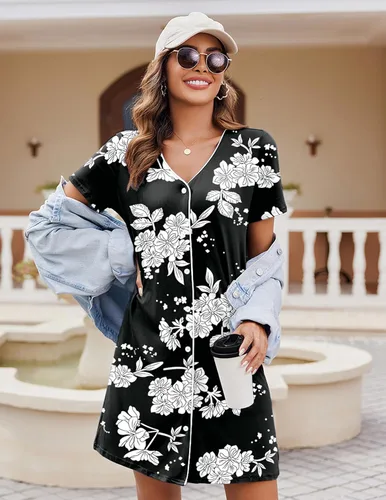 Miniatura 2 de Ekouaer Camisón de manga corta con botones para mujer, camisón suave con cuello en V