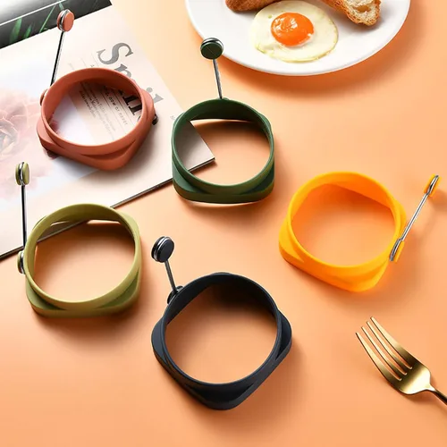 Miniatura 5 de Fdit Anillos de silicona para freír huevos, paquete de 5, cuadrados y redondos de doble cara, mango de aislamiento térmico, grado alimenticio