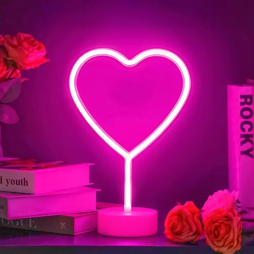 BHCLIGHT Letrero de neón de corazón rosa, luz LED de neón para el día de San Valentín, funciona con pilas o USB, luces de corazón rosa de San