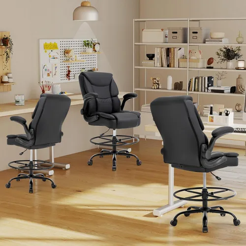 Miniatura 8 de Silla de Dibujo de 500 LBS, Silla de Escritorio de Pie Más Segura con Respaldo Alto, Silla de Oficina Alta Ejecutiva con Reposabrazos Abatibles