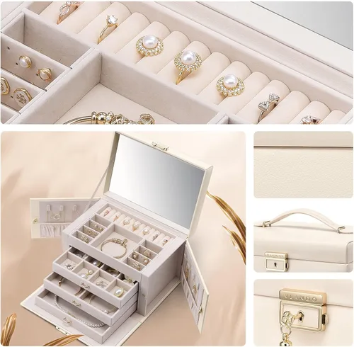 Miniatura 3 de Vlando Caja organizadora de joyas de terciopelo para mujer caja grande de almacenamiento de joyas de cuero con cerradura espejo 3 cajones para reloj
