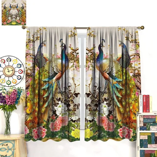 Miniatura 8 de Cortina opaca con estampado de pavo real, con estampado de animales retro, con bolsillo para cortinero y flores de peonía doradas, para dormitorio