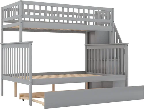 Miniatura 9 de Polibi Litera de escalera individual sobre matrimonial con nido, escalera de almacenamiento y barandilla de longitud completa, litera de Gris
