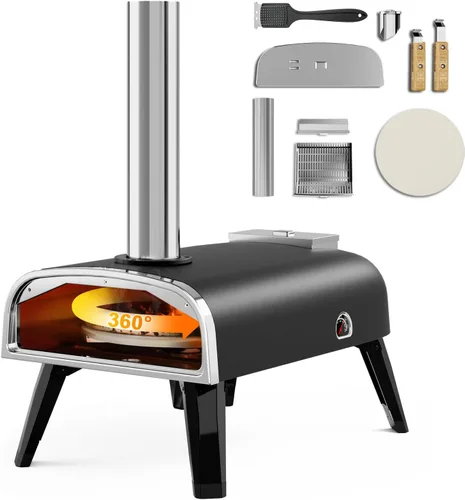 Miniatura 10 de aidpiza Horno de pizza para exteriores de 12" con pellet de madera y piedra para pizza giratoria portátil, a leña, con termómetro incorporado, Gris