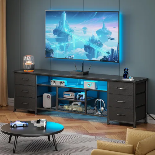 Miniatura 2 de Furologee Soporte de TV LED para TV de 65, 70 pulgadas, centro de entretenimiento de 63 pulgadas con tomas de corriente, cómoda de 6 cajones de tela