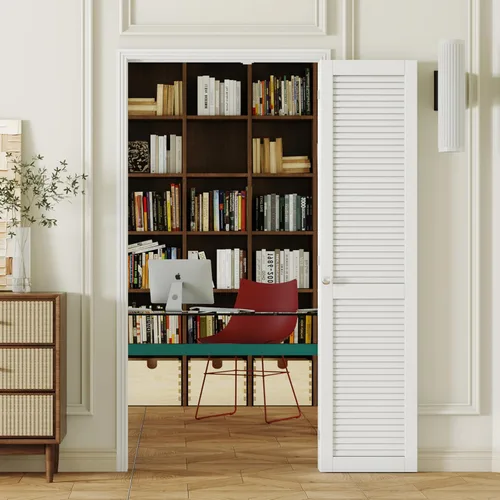 Miniatura 23 de Puerta plegable de 180 grados, para aberturas de 30 ″ x 80 ″, puerta plegable esmerilada blanca 3-Lite con bisagras, juego de herrajes para puertas