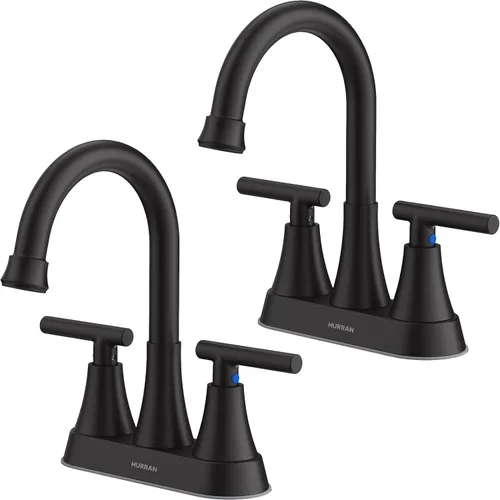 Grifos de Baño para Lavabo de 3 Orificios, Hurran Grifo de Lavabo de Baño Negro Mate de 4 Pulgadas con Desagüe Pop-up y 2 Mangueras de Suministro, 2