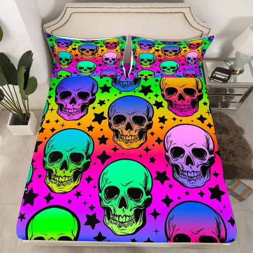 Miniatura 21 de Erosebridal Sábanas de calavera de azúcar, sábana bajera ajustable de Halloween, tamaño individual, ropa de cama de galaxia trippy morada, funda
