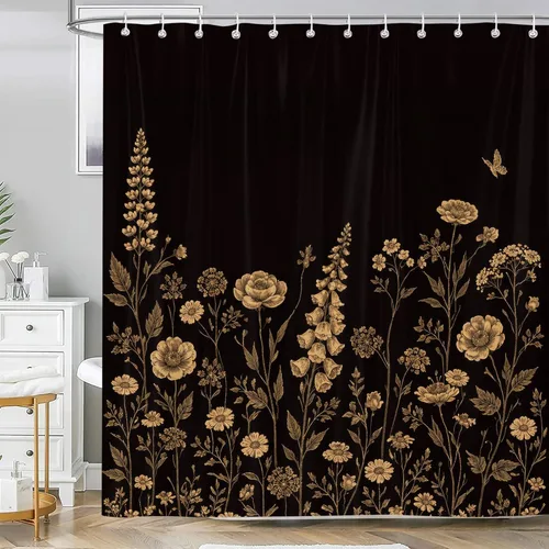Cortina de ducha bohemia con estampado floral negro y dorado, juego de cortinas de baño de tela impermeable con ganchos, 72 x 72 pulgadas