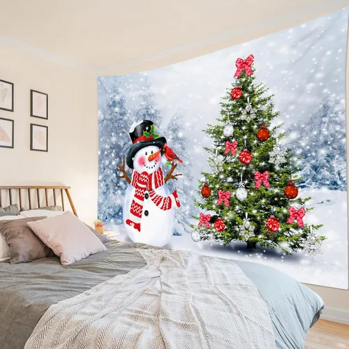 Miniatura 33 de HVEST Tapiz navideño de invierno para colgar en la pared, muñeco de nieve divertido con sombrero azul y tapices de regalo de Navidad, tapiz de pino