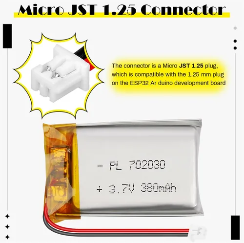 Miniatura 4 de 702030 3.7V 380mAh LiPo Batería - Batería recargable de polímero de litio con placa de protección y conector Micro JST 1.25 para dispositivo