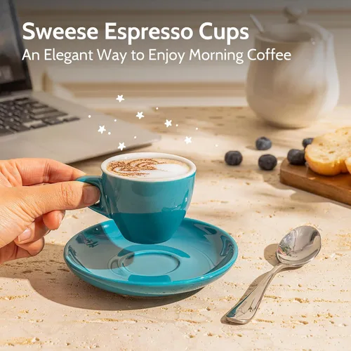 Miniatura 5 de Sweese Tazas de espresso de 2 onzas con platillos, juego de 6 tazas de espresso de porcelana, colores surtidos
