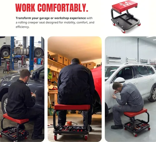 Miniatura 7 de MaxWorks Asiento Rodante para Mecánicos, Capacidad de 250 Libras, Taburete Deslizante Acolchado de Taller Rodante con Bandeja de Almacenamiento