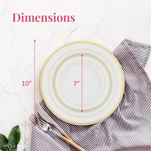Miniatura 3 de Prestee Juego de platos desechables de 50 piezas, color blanco con borde dorado para fiestas, vacaciones, bodas, incluye 25 platos llanos y 25