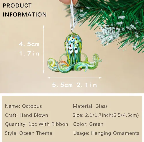 Adorno colgante costero de pulpo de vidrio artístico de 2 pulgadas, vidrio soplado, colección de colgantes de animales marinos para árbol de Navidad