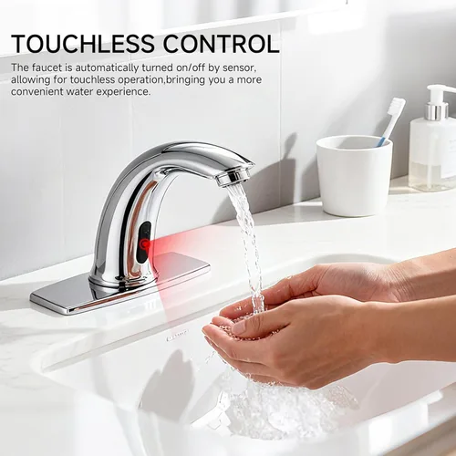 Miniatura 2 de Grifo de lavabo de baño sin contacto, manos libres, sensor de movimiento automático, grifo comercial de latón sólido con placa de cubierta, 1 Grifo