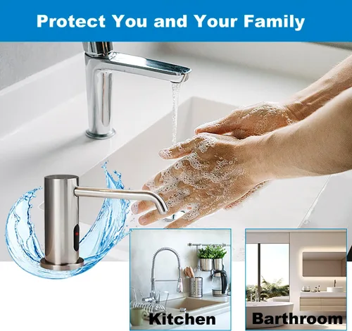 Miniatura 8 de Dispensador de jabón automático sin contacto para fregadero de cocina y baño, dispensador de jabón eléctrico comercial líquido de níquel cepillado