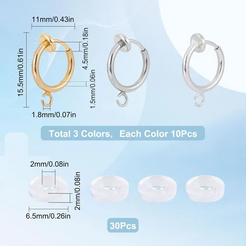 Miniatura 2 de SUNNYCLUE 1 caja de 30 convertidores de aretes de latón, ganchos para abrazar con bucles abiertos, almohadillas para aretes, clips para hacer joyas