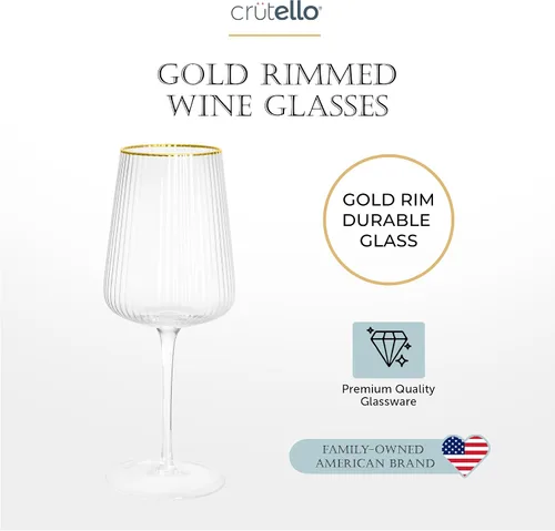 Miniatura 5 de Crutello Copas de vino modernas, cristalería acanalada única de 17 onzas con textura de cristalería acanalada vintage y borde dorado, copas de vino