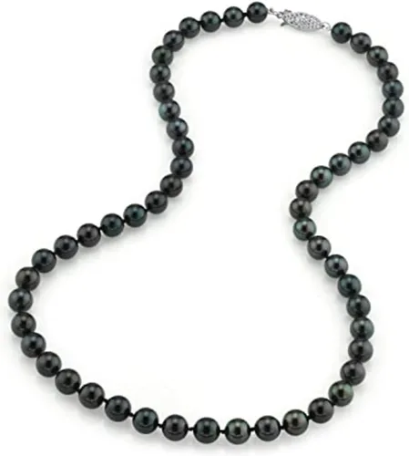 The Pearl Source Black Akoya Japanese Pearl Necklace for Women - 14k Gold Pearl Strand Necklace | 18in Long Pearl Necklace with Genuine Cultured