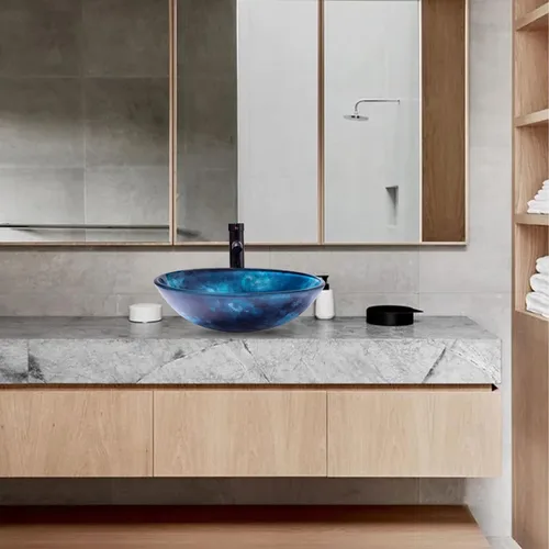 Miniatura 8 de Lavabo de Vasija 16.5" Lavabos de Baño Vidrio Templado Azul Cuenco de Arte Redondo con Combo de Grifo Azul, Moderno Lavabo de Encimera tipo Cuenco