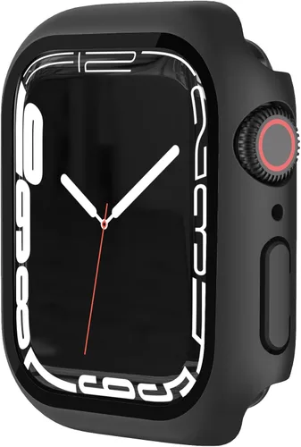 Estuche duro mate para Apple Watch Series 7 8 9 41mm, protector de pantalla de vidrio templado, estuche con cobertura completa, amortiguador a Negro