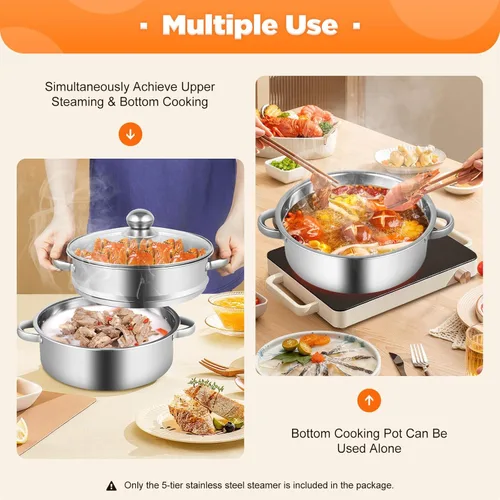 Miniatura 4 de Olla de vapor para cocinar de acero inoxidable de 10.2 pulgadas, olla de vapor de 5 niveles con tapa, utensilios de cocina multiusos para cocinar